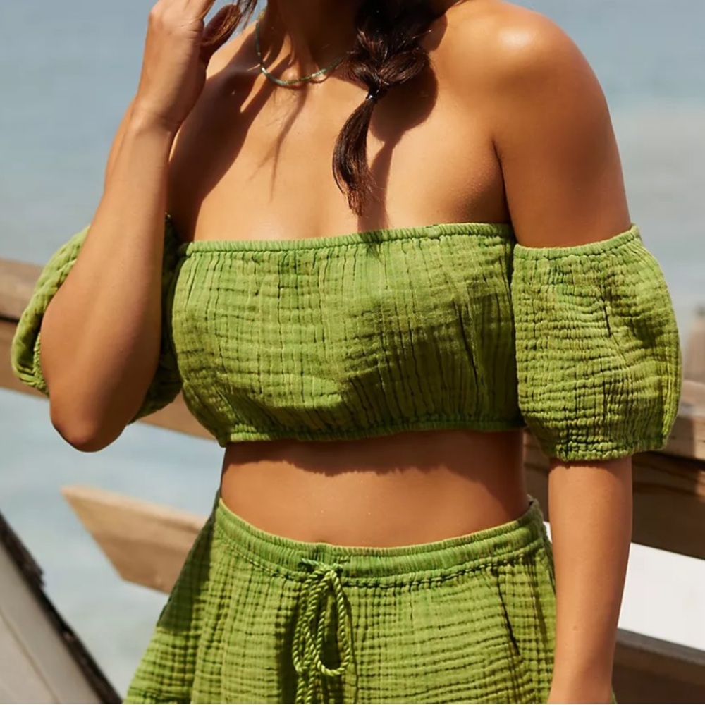 Anthropologie green smocked gauze off shoulder crop top